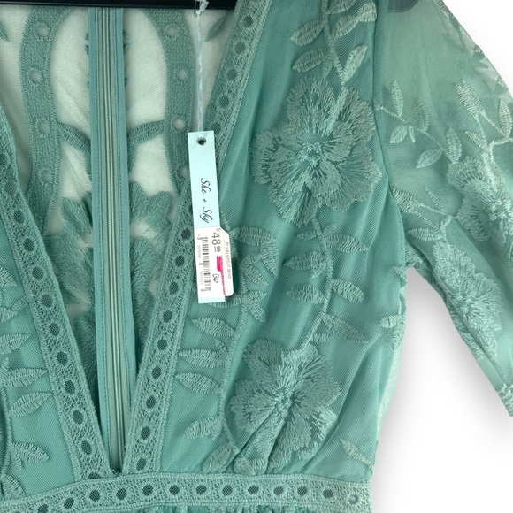 She + Sky Romantic crochet Lace Romper large green fairy cottage coquette nwt - Picture 6 of 10